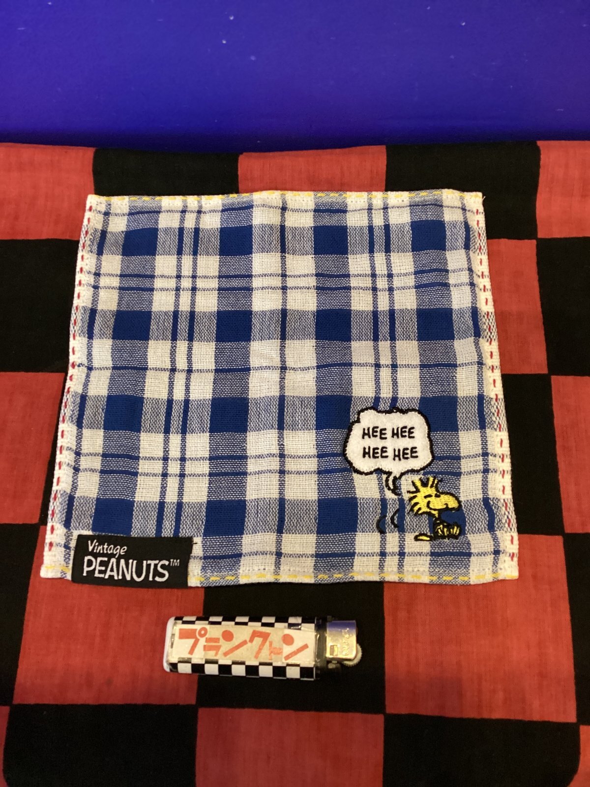 画像1: スヌーピー　ミニタオル（ブルーチェック/ウッドストック）